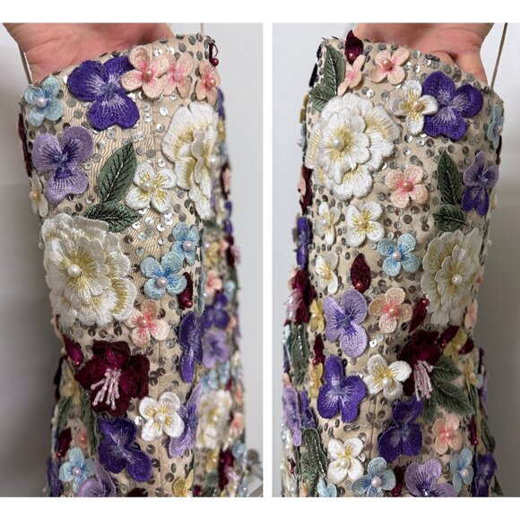 Alice + Olivia Velia Embellished Mini Gown Dress Floral Embroidered Champagne 12 - Picture 14 of 16